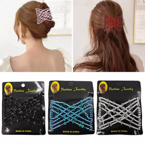 Womens Magic Slide Hair Elastic Double Beads Easy Stretchy Hair Comb Clips Pins│