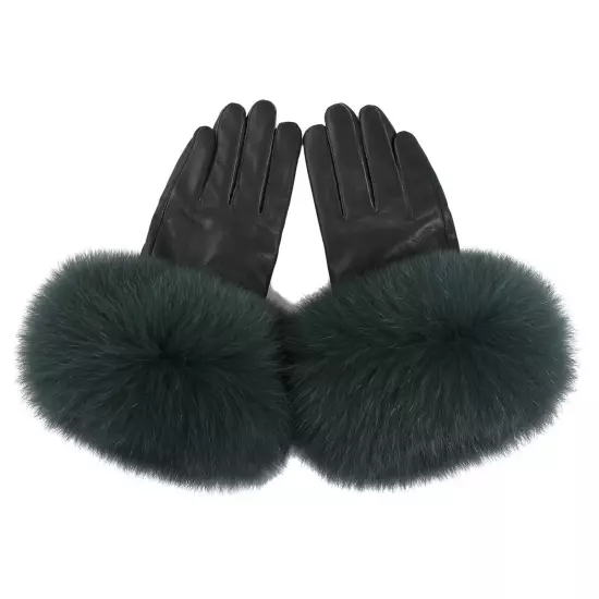 Women Genuine Lambskin Leather Gloves With Real Fox Fur Trim Cuff Winter Warm