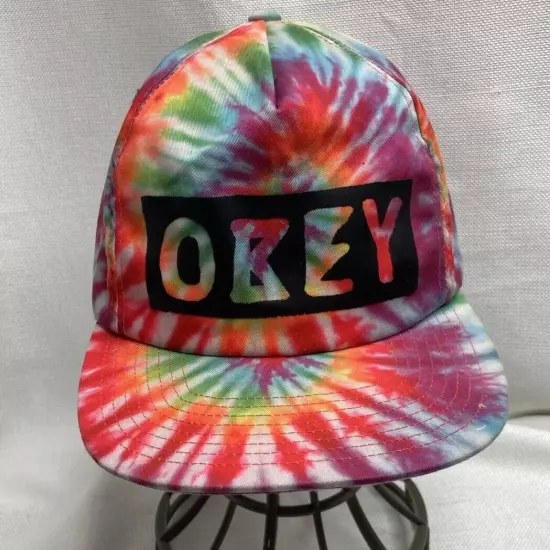 OBEY Tie Dye Cap Hat Five Panel Large Letters Logo Street Strap Back Flat Brim