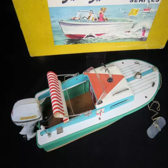 VINTAGE 1960's BANDAI JAPAN 13" SUN SHINE SERIES WOOD & PL BOAT W OUTBOARD BOXED