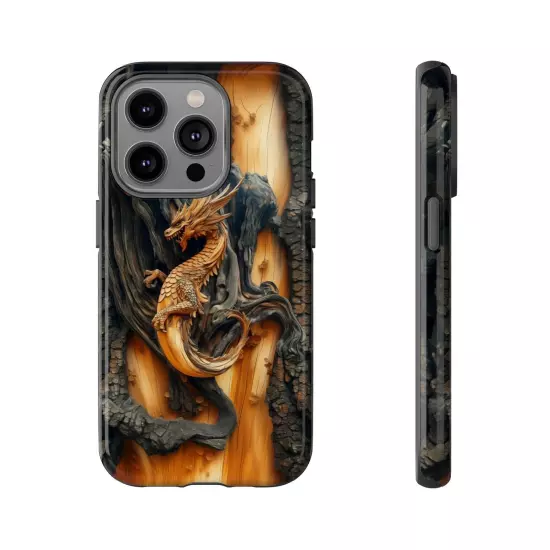 For iPhone, Samsung Galaxy, Pixel - Phone Case Cover - Carved Wood Dragon Print