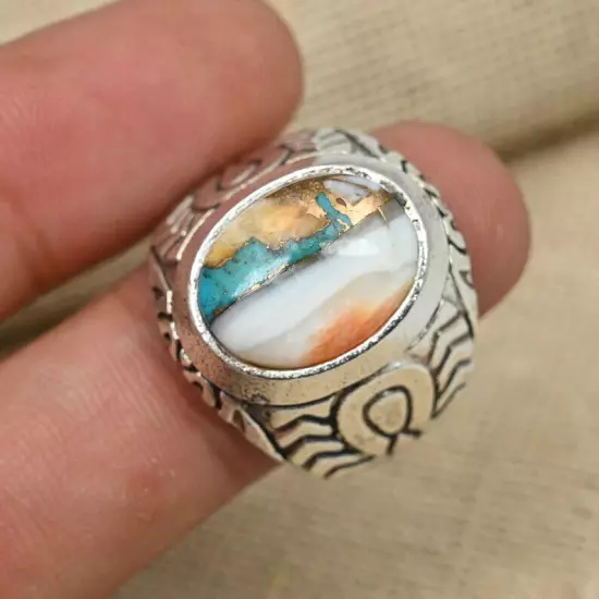 Oyster Turquoise Men's Ring Solid 925 Sterling Silver Statement Ring Al Size B34