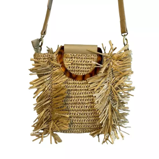 Sondra Roberts Boho Beach Fringe Squared Natural Straw Raffia Weave Bag Purse 