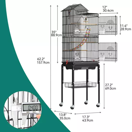 Large Parakeet cage Bird Cage Rolling Cockatiels Conure Finch Stand Toys