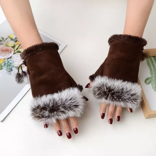 Womens Winter Warmer Fingerless Gloves Faux Rabbit Fur Suede Wrist Solid Mittenღ