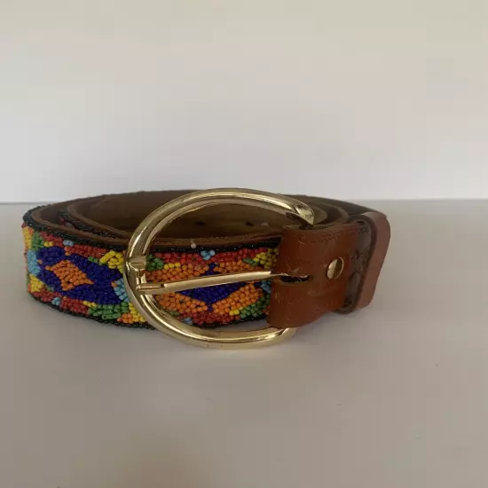 Genuine Leather Women’s Beaded Belt Strap Gold Buckle Color Brown Size 30