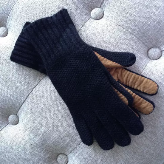 Made in Italy gloves black cashmere tan leather suede winter palms used sz 6.5