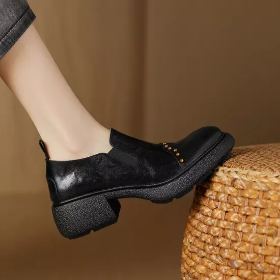 Womens Fashion Sheepskin Round Toe Studs Elastic Top Block Heel Loafer Shoes NWO