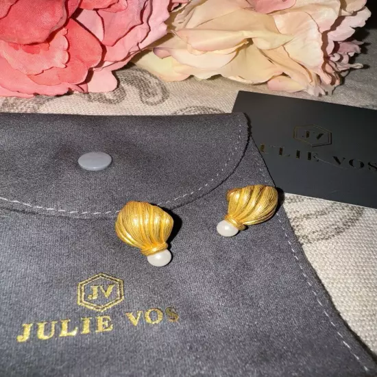 NEW Julie Vos Pearl & 24k Gold Plated Shell Crest Stud Earrings RETIRED NWOT