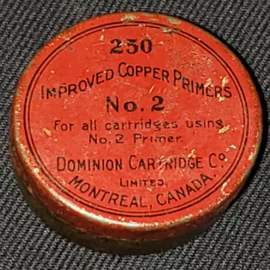 ANTIQUE DOMINION CARTRIDGE CO, MONTREAL - IMPROVED COPPER PRIMERS No.2 EMPTY TIN