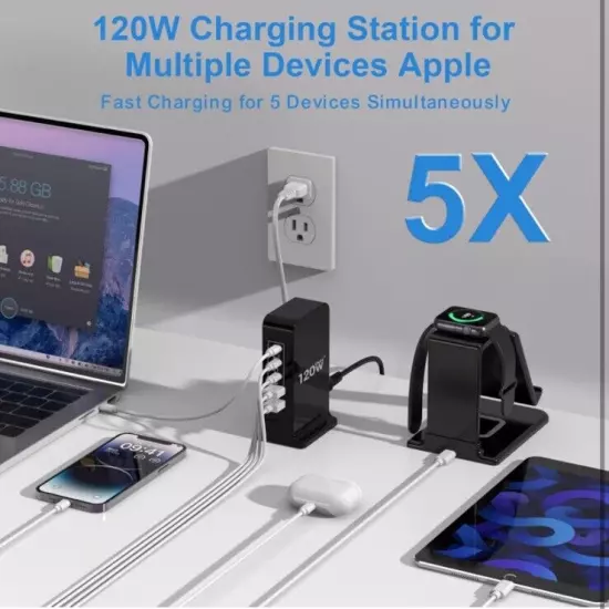 USB C Charger Block, 120W GaN 5 Port PD USB-C and QC USB-A Charging Station