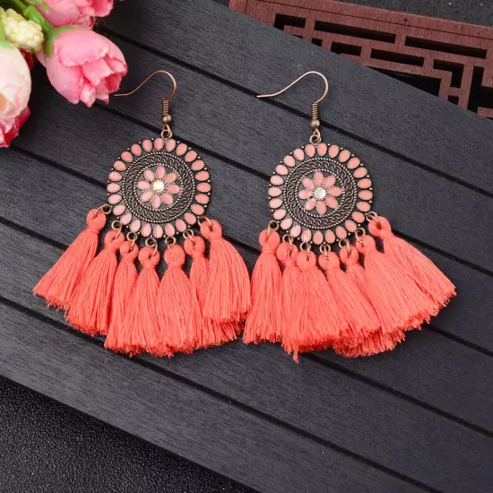 Fashion Women Bohemian Earrings Long Tassel Fringe Drop Dangle Ear Stud Jewelry