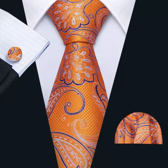 USA Mens Tie Striped Paisley Solid Paisley Necktie Hanky Cufflink Set Wedding