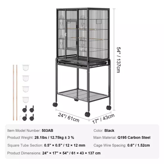 53'' Rolling Metal Birdcage with Rolling Stand and Castor Wheels, Parrot Cage wi