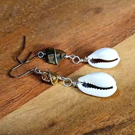 Raw Tigers Eye Crystal & Cowrie Shell Beaded Dangle Earrings, Gemstone