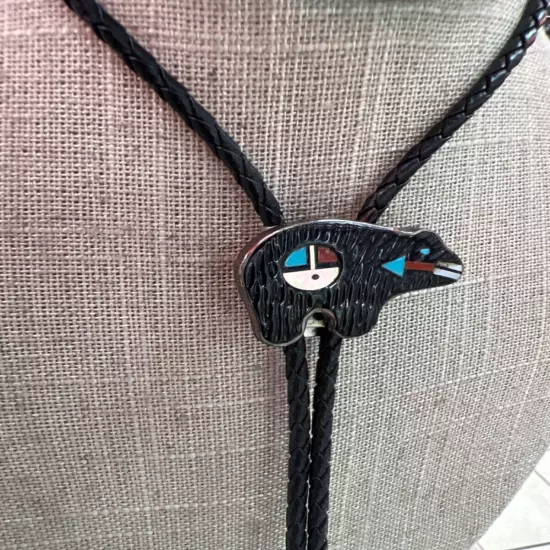 Vintage Zuni Bolo Tie Bear Sterling Silver Inlay Jet Turquoise Coral Heart Line