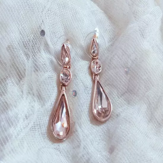 DESIGNER GIVENCHY SIGNED Champage RHINESTONE TEAR DROP DANGLE ROSEGOLD EARRINGS