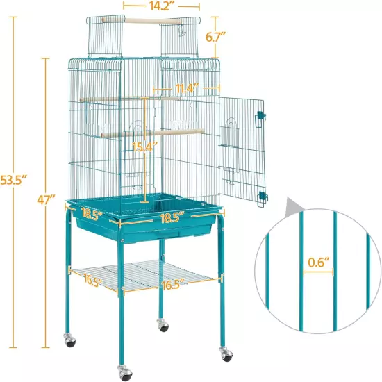 Metal Bird Cage Open Play Top Parrot Cage W/Detachable Rolling Stand for Small B