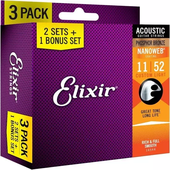 *3 SETS ELIXIR 16027 NANOWEB ACOUSTIC GUITAR STRINGS LIGHT 11-52 PHOSPHOR BRONZE