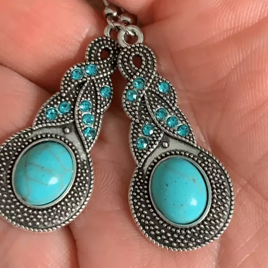 NEW Boho Chic Turquoise & Silver Drop Earrings with Crystals + Gift Pouch Unisex