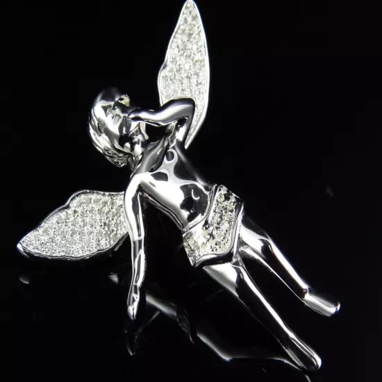 New White Gold Finish Real Diamond Mini 3d Angel Pendant Charm .50 Ct 1.4 Inch