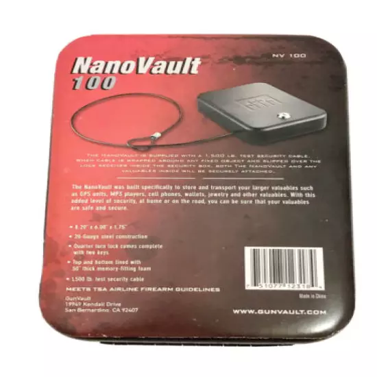 GunVault NanoVault NV100 Small Arms Safe Auto Home Travel W/ Key & Cable Blk NEW