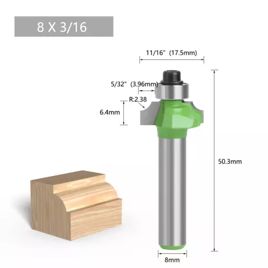 8mm Shank Round Over Edge Profile Router Bit, 2.25-12.7mm Radius 1PC/10PCS GREEN