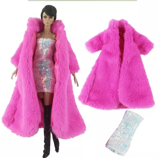 Doll Accessories Set For 11.5" 1/6 Doll Parka Dress Winter Long Fur Coat Clothes