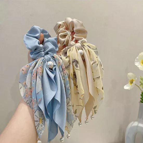 Elegant DIY Floral Scrunchies Big Bowknot Pearl Pendant Large Bow Hair Rope