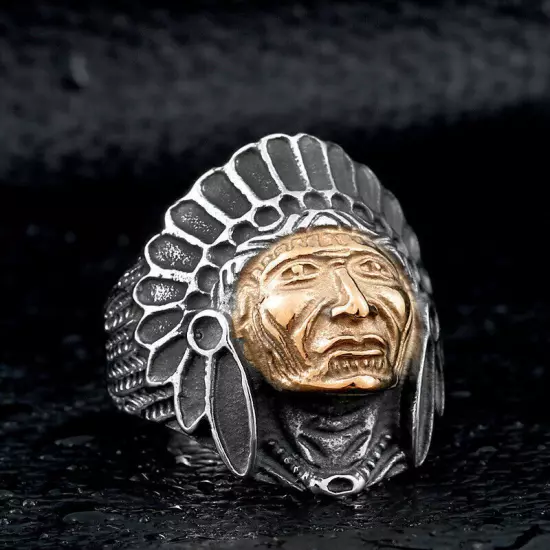 Vintage Gold Plated Indian Tribal Chief Ring Stainless Steel Men Biker Punk Ring