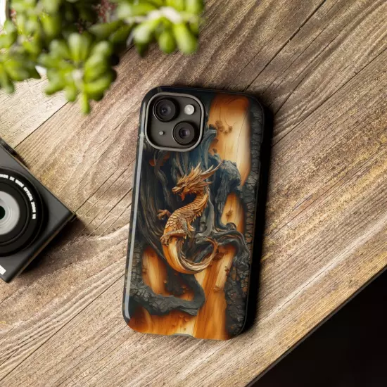 For iPhone, Samsung Galaxy, Pixel - Phone Case Cover - Carved Wood Dragon Print