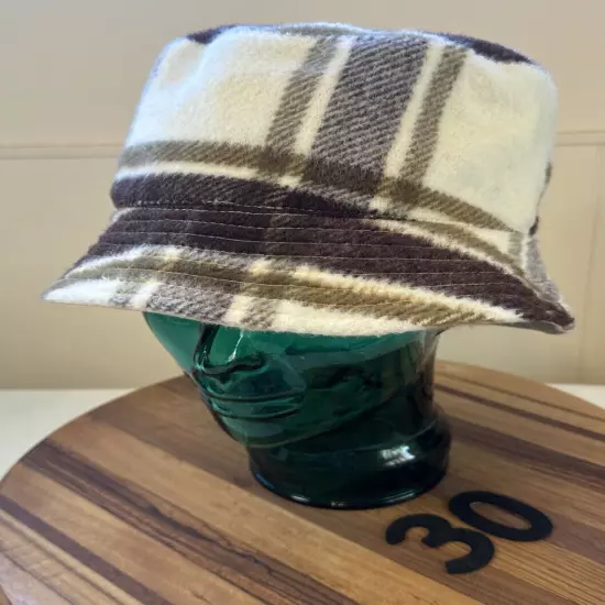 STEVE MADDEN CREAM & BROWNS PLAID REVERSIBLE BUCKET HAT, OSFM. VGC. 30