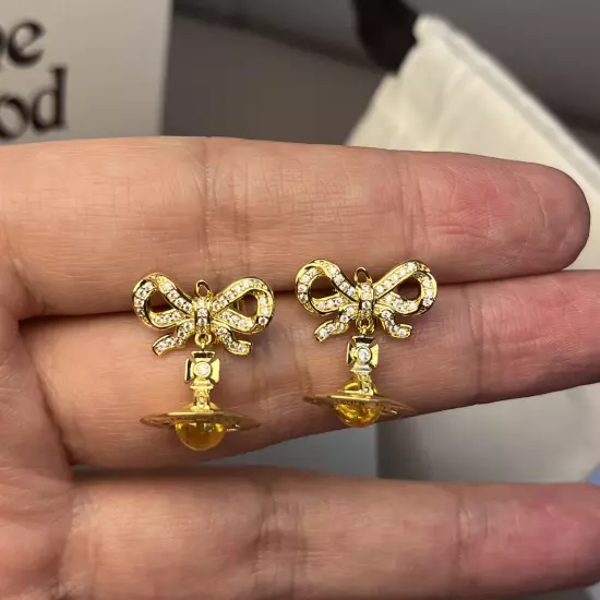 Vivienne Westwood Crystal Golden Tone 3D Orb Butterfly Saturn Earrings with Box