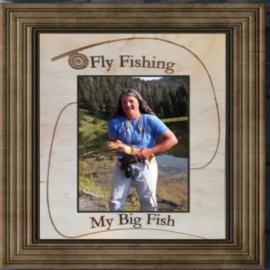 Wood Fishing Photo Mat with Fly Rod 