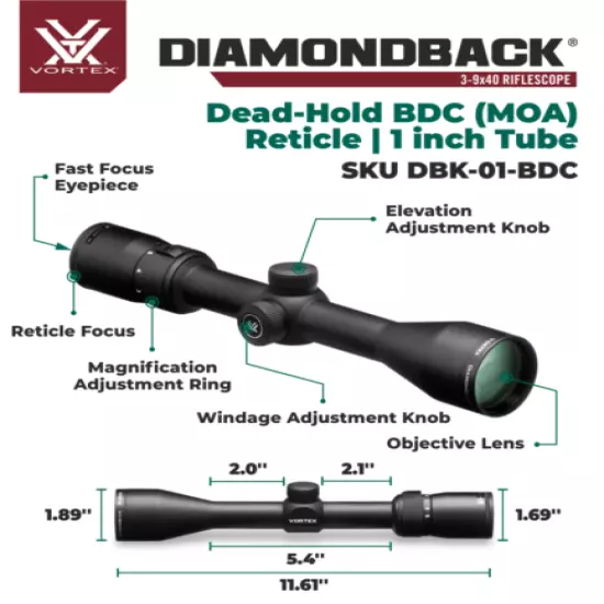 Vortex Optics Diamondback 3-9x40 Dead-Hold Riflescope w/ Hat and M Rings Bundle