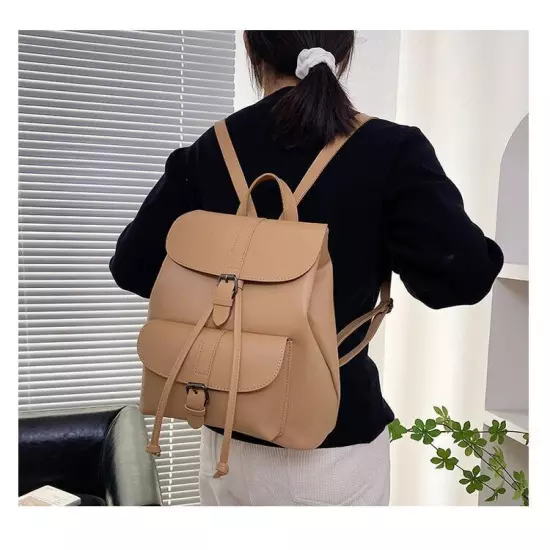 Women Drawstring Backpack PU Leather School Bags Belt Backpacks Ladies