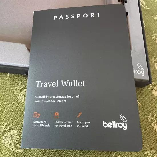 Bellroy RFID Premium Leather Travel Wallet w/Pen Cocoa Brown New Open Package