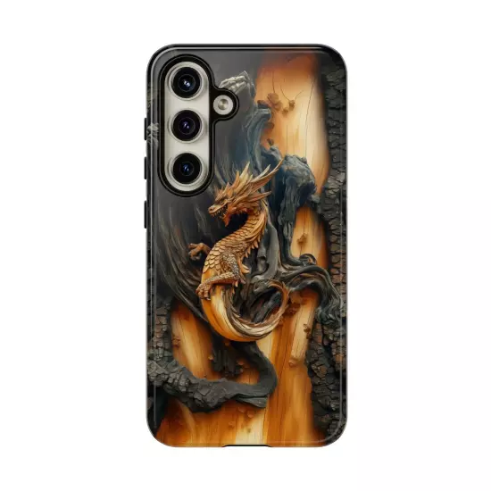 For iPhone, Samsung Galaxy, Pixel - Phone Case Cover - Carved Wood Dragon Print