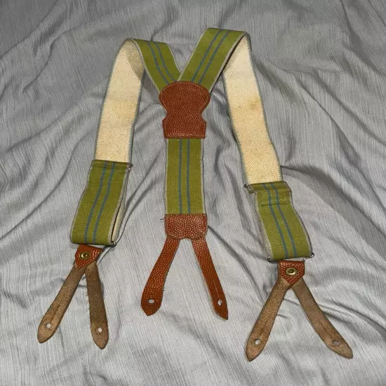 Vintage 1950s Police Brace Suspenders Y-Back Stripe Green Pebbled Leather