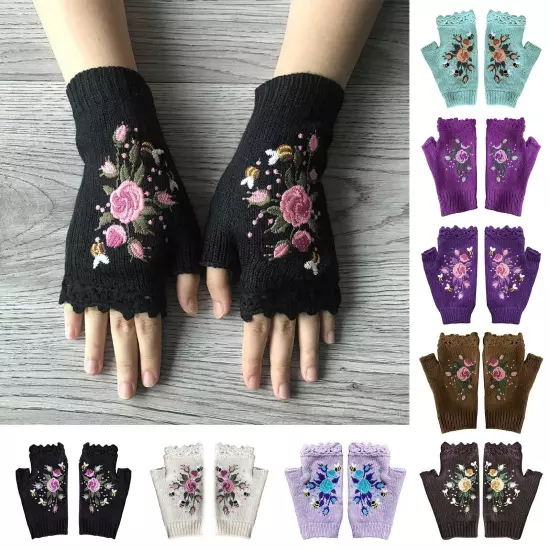 Women Handmade Embroidery Gloves Knit Gloves Flower Gloves Hand Knit Fingerless