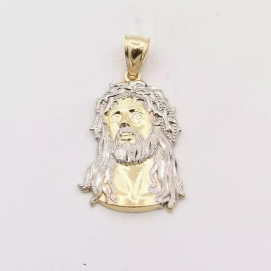 1 3/4" Jesus Head Diamond Cut Two-Tone Pendant Real SOLID 10K Yellow White Gold