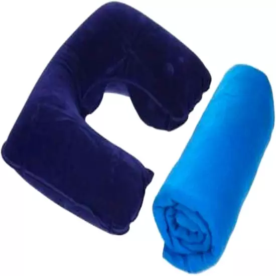 Airplane Travel Kit: Inflatable Neck Pillow & Fleece Blanket, Zippered Case 11z