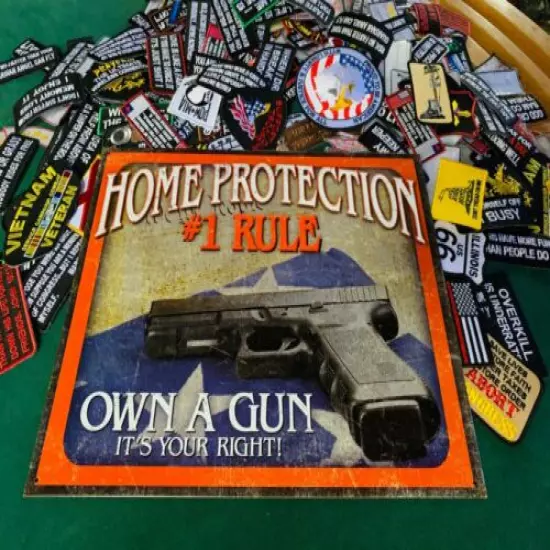 HOME PROTECTION #1 RULE OWN A GUN METAL TIN SIGN W/ FREE PATCH dtom gun vintage