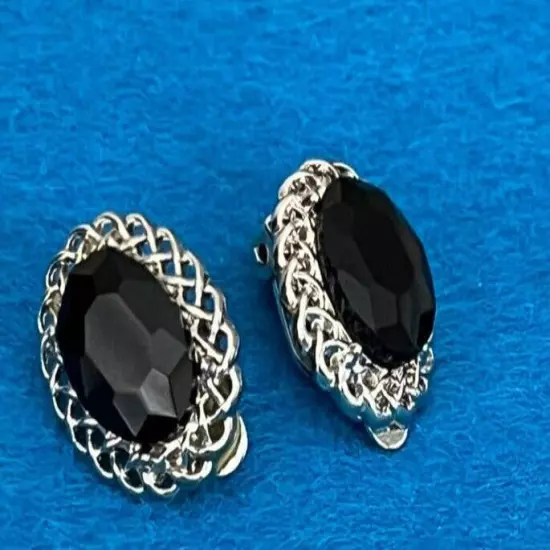 E21 Large Black Oval Crystal Silvertone Clip Earrings