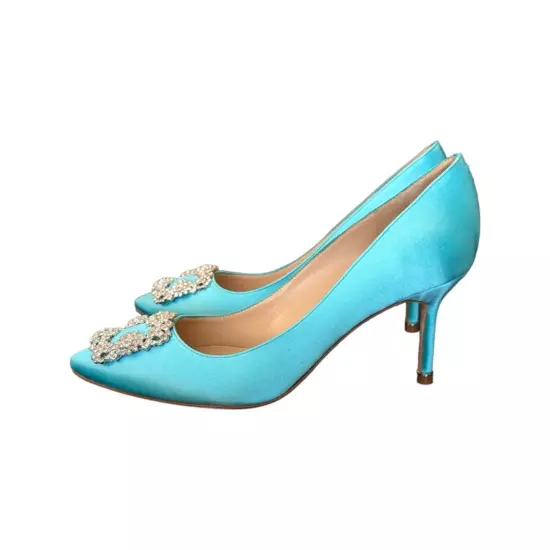 Manolo Blahnik Hangisi Pumps Turquoise Satin Light Blue Crystal Embellished 8.5