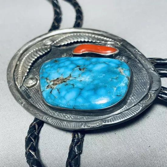 HUGE VINTAGE NAVAJO SPIDERWEB TURQUOISE STERLING SILVER BOLO TIE OLD