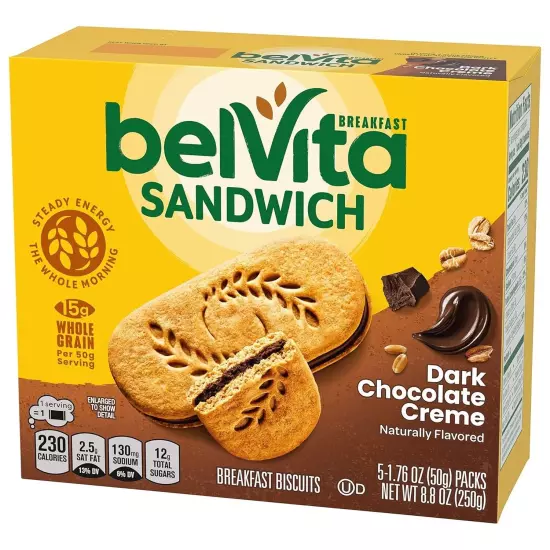 belVita Breakfast Sandwich Dark Chocolate Creme Breakfast Biscuits 30 Total P...