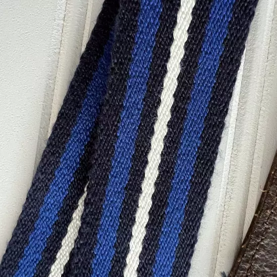 Ralph Lauren Polo Belt Blue Striped Cotton Canvas Leather Trim Buckle Size 34 35