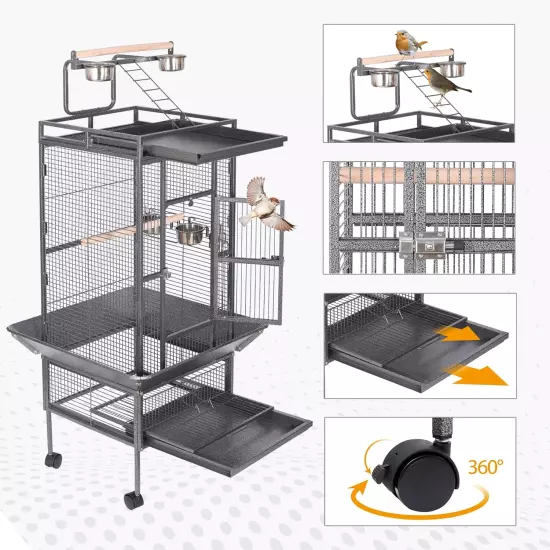 Large Bird Flight Cage Rolling Stand 63" Wrought Iron African Grey Parrot Conure