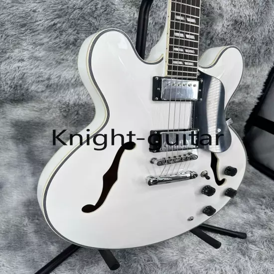 Semi Hollow ES-335 White Electric Guitar HH Pickup Black Pickguard Maple Neck 